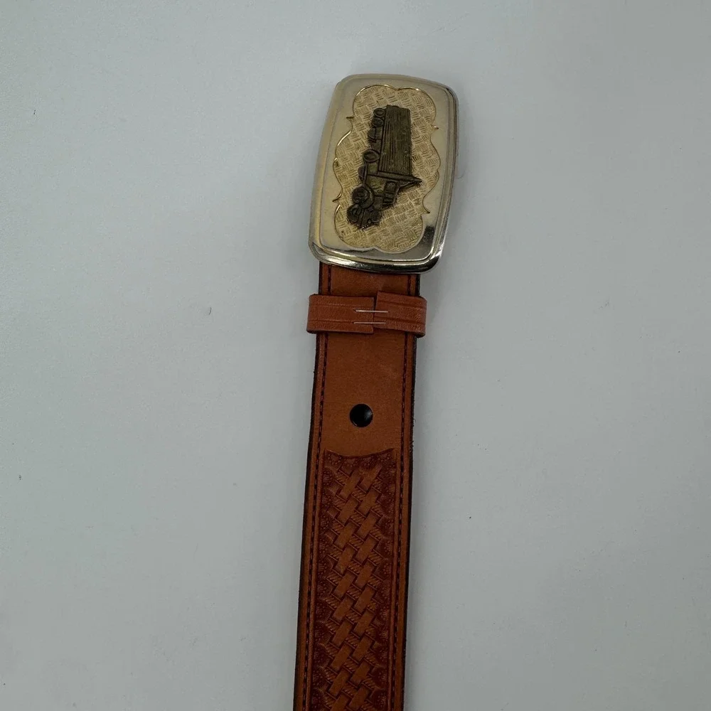 Tom Taylor Mens Brown Tooled Leather Belt Size 38 Silver Gold Semi Truck Buckle